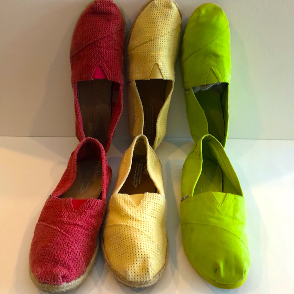 3 pairs Toms 9w red, lime green, yellow BUNDLE